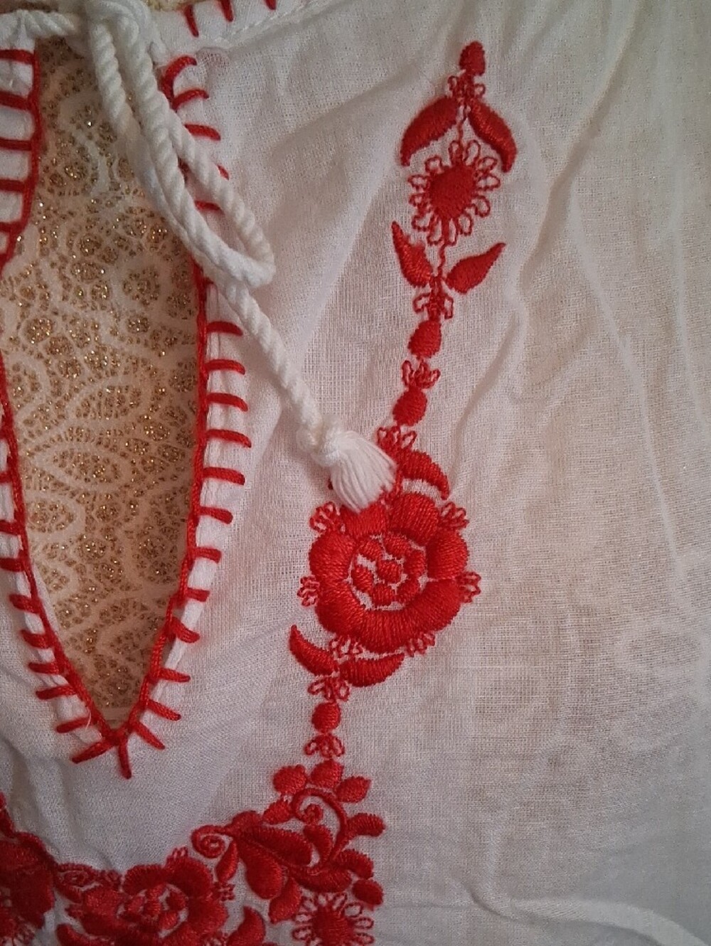 Tommy Hilfiger White Peasant Blouse with Red Embroidery. Size XL - Picture 6 of 13